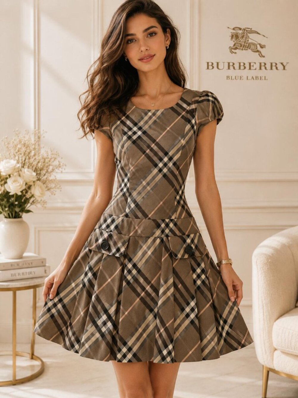 Authentic Burberry Brown Plaid Fit-and-Flare Wool Dress Classic Blue Label Dress